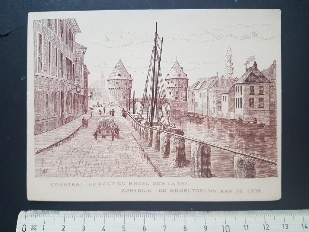 Prent (9,5x12,5cm) Kortrijk Courtrai Broeltorens aan de Leie, Ophalen of Verzenden, Zo goed als nieuw, Gebouw, Prent
