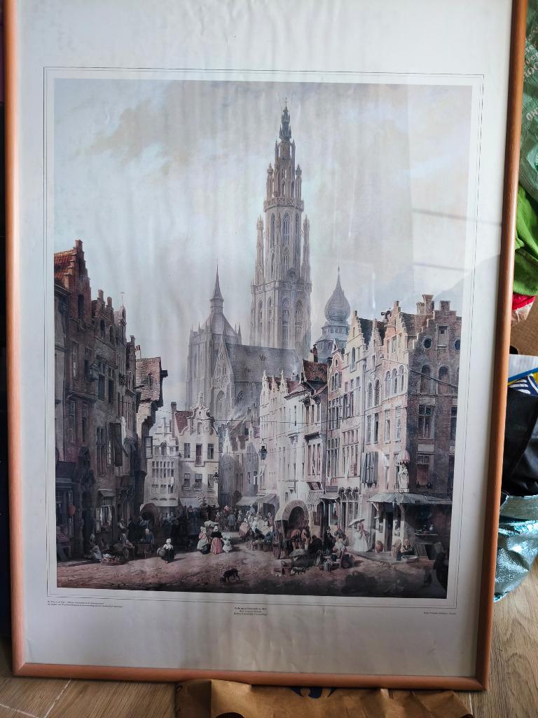 Grote ingekaderde fotoposter van Antwerpse Eiermarkt 1835, Ophalen, Gebruikt, Gebouw, Voor 1940