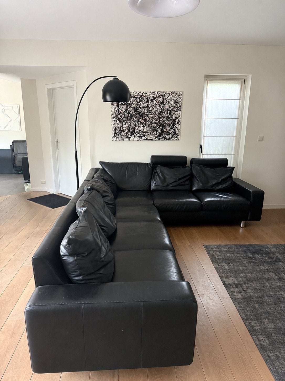 StressLess 6-zitsbank in zwart leer, Huis en Inrichting, Ophalen, Zo goed als nieuw, Leer