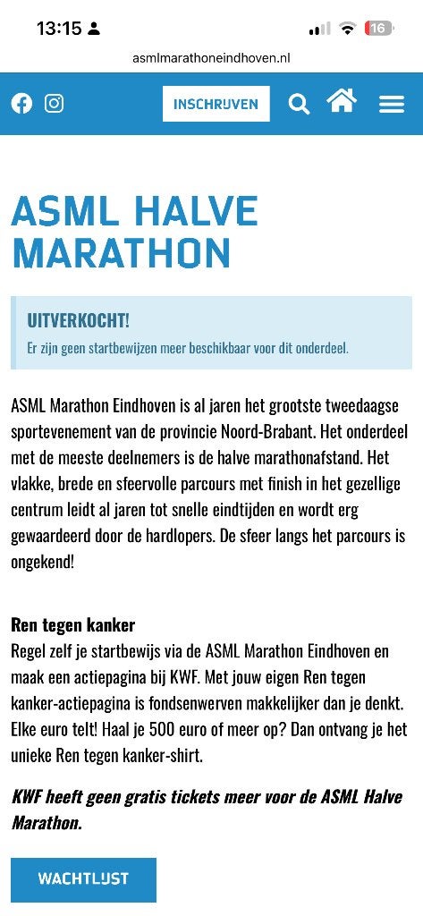 Ticket halve marathon Eindhoven, Sport en Fitness, Overige merken, Verzenden, Overige typen, Nieuw