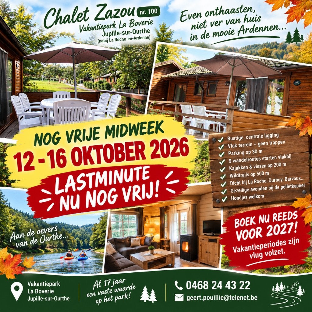Knus chalet hartje Ardennen. MIDWEEK 12-16OKTOBER NOG VRIJ, Immo, Overige soorten, Jupille sur ourthe, Direct bij eigenaar, 2 kamers
