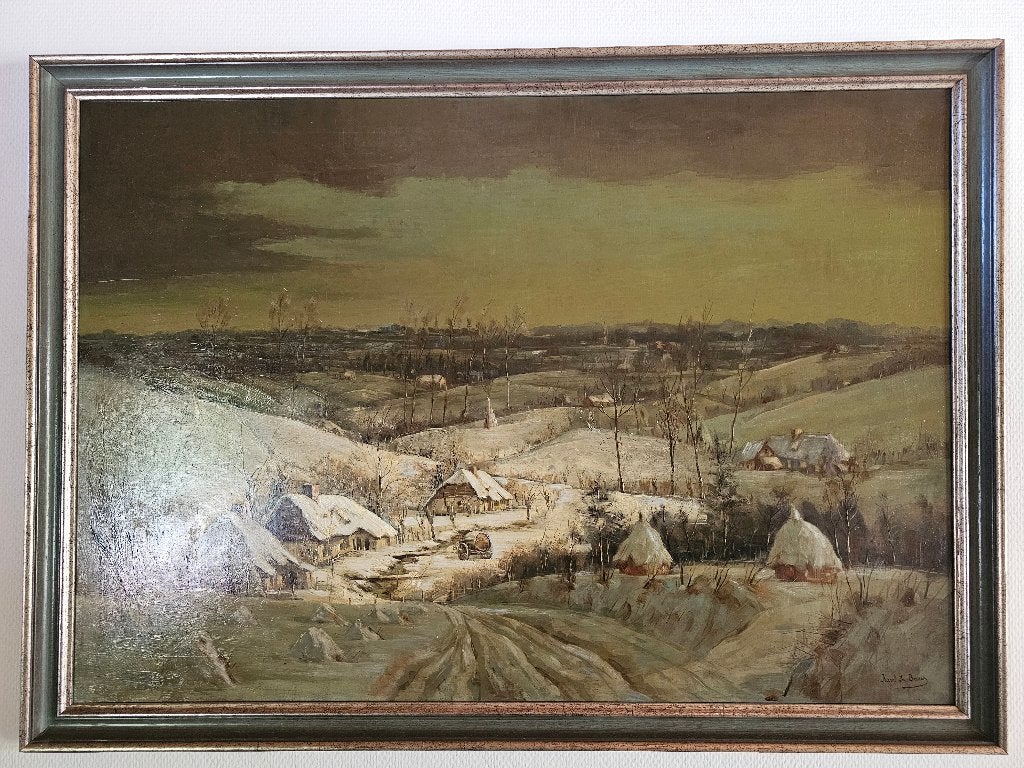 Schilderij winterlandschap Karel De Bauw, Antiek en Kunst, Ophalen, Doek, Realistisch, Origineel werk