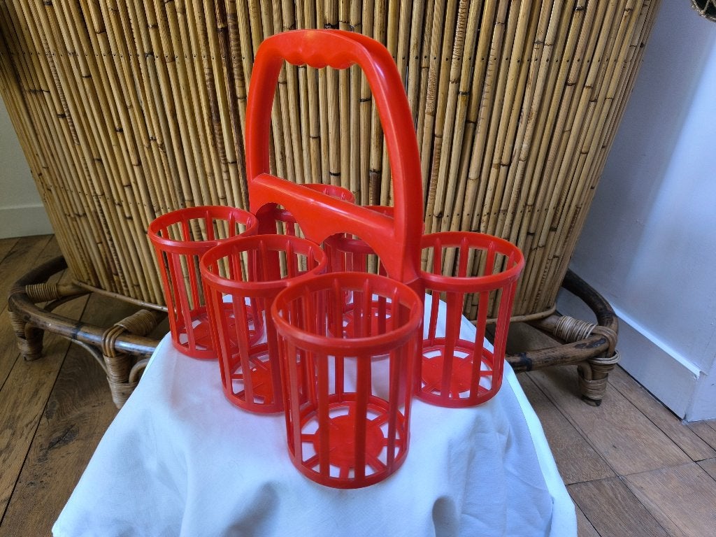 Grote vintage flessenhouder uit 1980 oranje plastic, Kunststof, Gebruikt, 5 tot 15 flessen, Ophalen of Verzenden