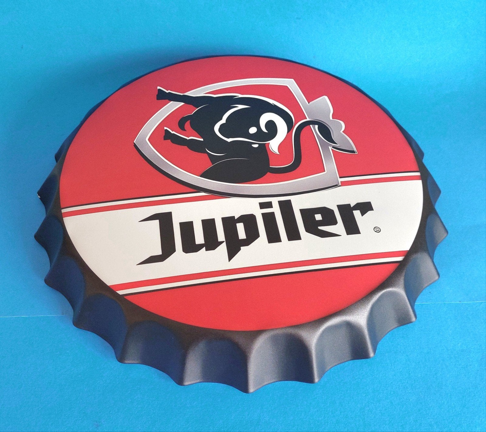 Jupiler grote decoratieve metalen capsule 35 cm, Ophalen of Verzenden, Nieuw, Reclamebord