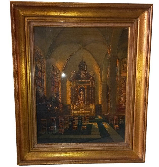 Raoul Pharasyn (1908-1991) kerkinterieur., Antiek en Kunst, Kunst | Schilderijen | Klassiek, Doek, Olieverf, Stads- / dorpsgezicht