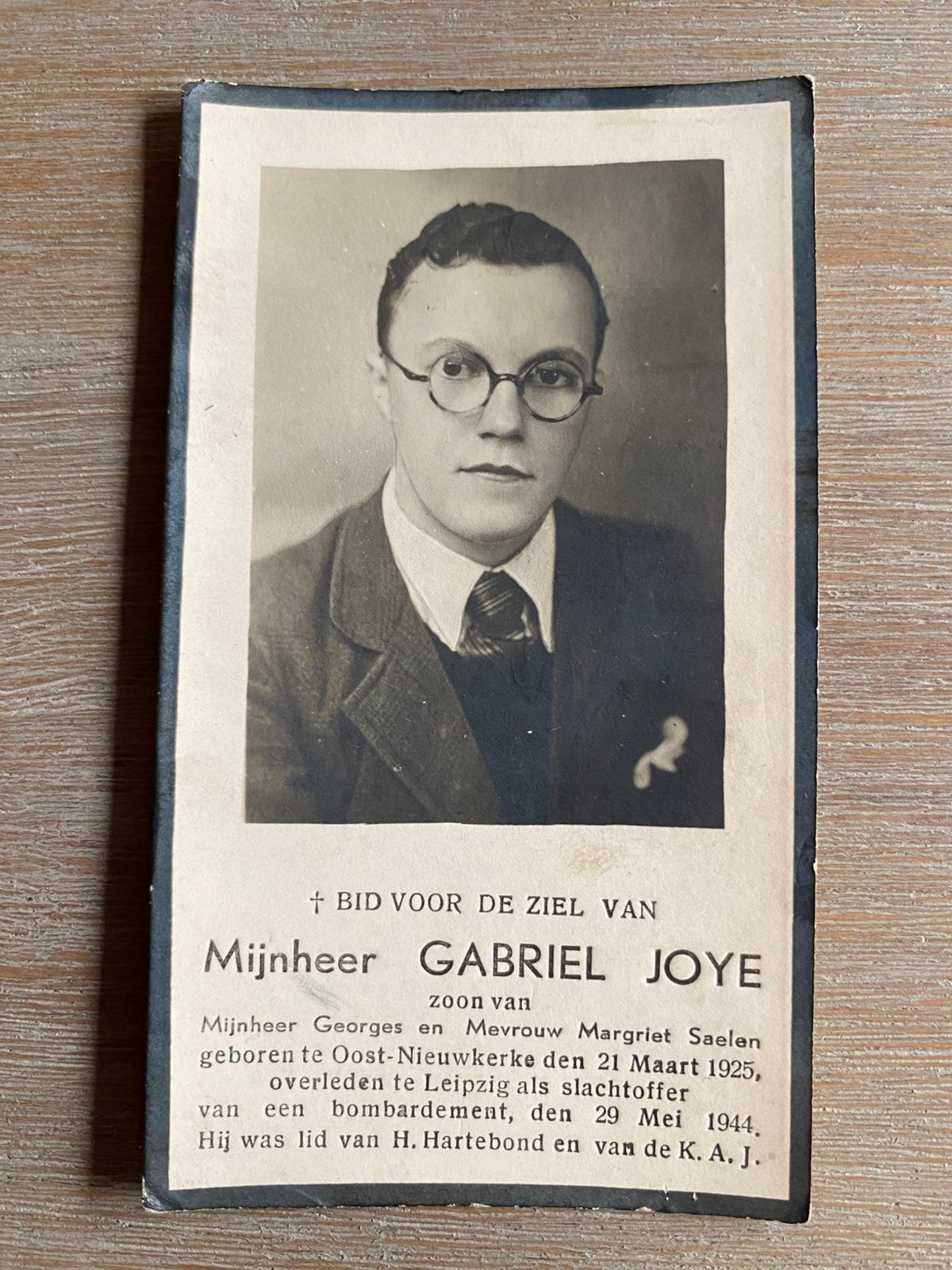 Joye Gabriel - Victime d’un bombardement, Envoi, Image pieuse