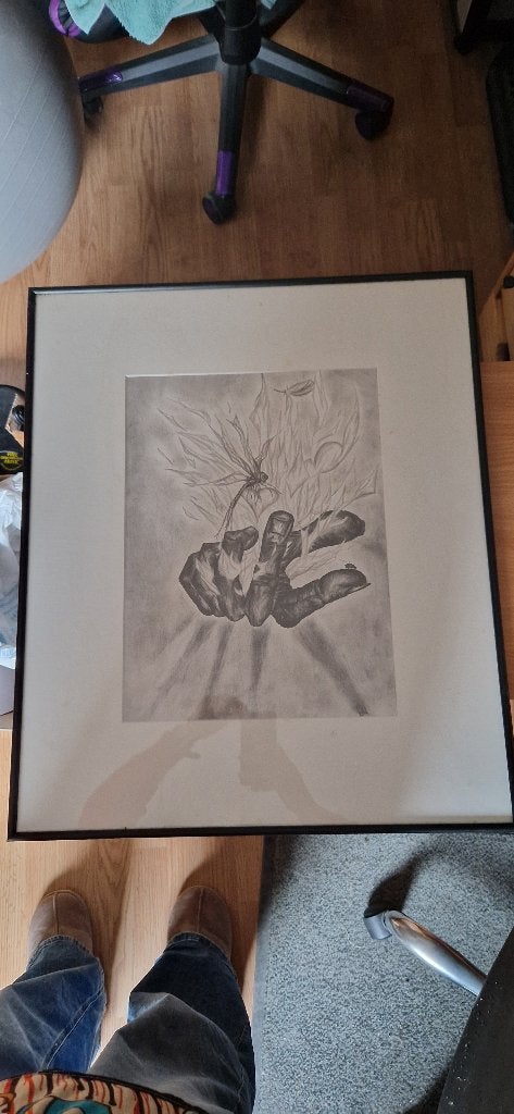 Tableau avec dessin symbolique au fusain ou au crayon, Antiquités & Art, Enlèvement, Tableau, Dessin au crayon, Sous verre
