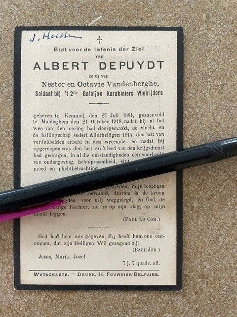 Soldaat2Bat Karabiniers Wielrijders DEPUYDTKemmel +10/1918, Verzamelen, Ophalen of Verzenden, Bidprentje