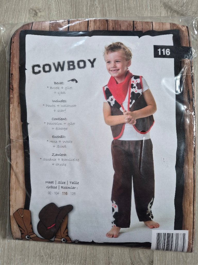 Cowboy-kostuum maat 116 met vestje, broekje en sjaaltje, Kinderen en Baby's, Kinderkleding | Maat 116, Zo goed als nieuw, Jongen of Meisje