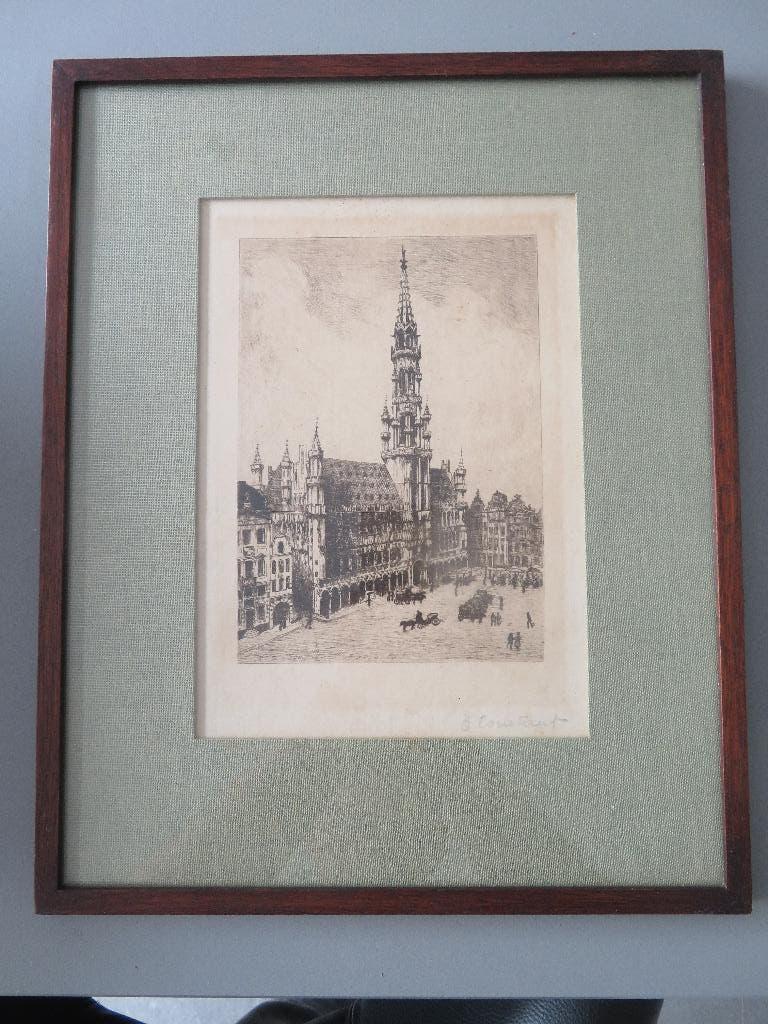 ingekaderde ets E. Constant vh Stadhuis te Brussel, Antiek en Kunst, Kunst | Etsen en Gravures, Ophalen of Verzenden, Stadsgezicht