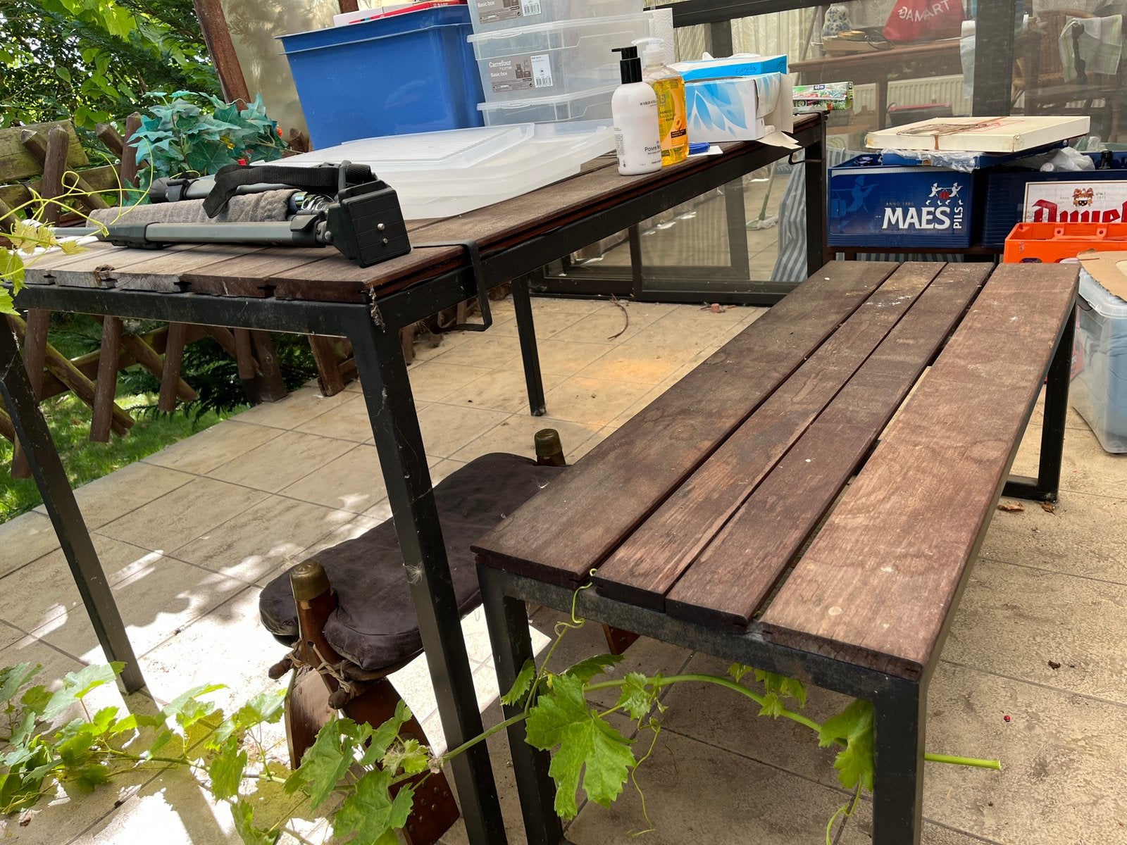 Ensemble banc et table (structure en fer et surface en bois), Jardin & Terrasse, Enlèvement, Utilisé, Rectangulaire