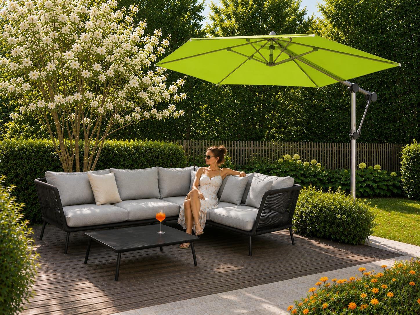 Doppler protect pendel parasol, groen, Ophalen, Gebruikt, Parasolvoet, Kantelbaar