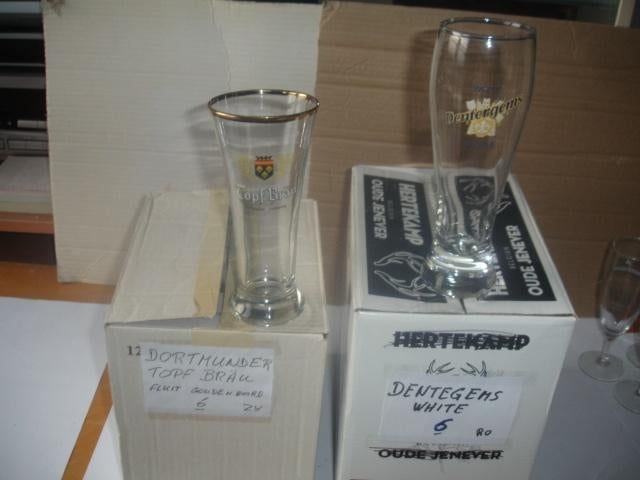 6 + 6 bierglazen Dentergems White en Dortmunder Topf Bräu, Verzamelen, Ophalen of Verzenden, Zo goed als nieuw, Glas of Glazen