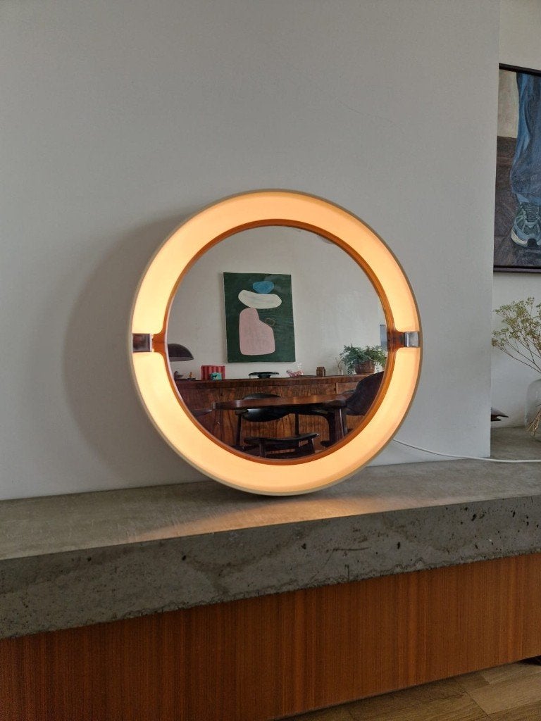 Vintage space-age seventies spiegel, Moins de 100 cm, Rond, Enlèvement, Utilisé