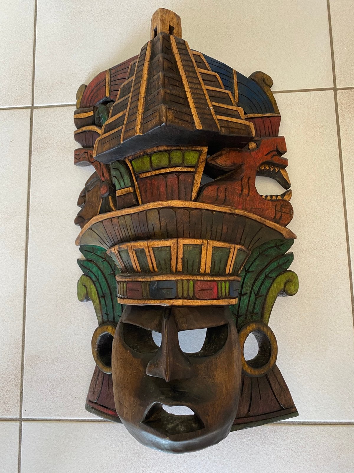 Groot Maya-masker in beschilderd hout - Mexico, Antiek en Kunst, 20 - 50 cm, Hout, Bruin, Beschilderd