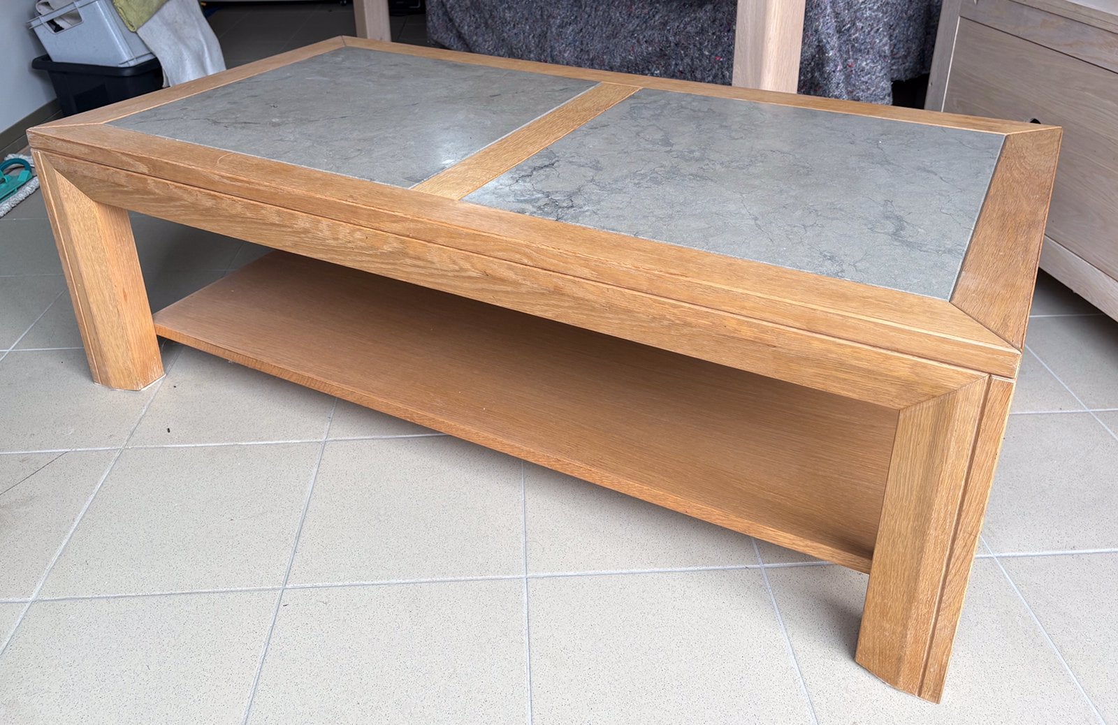 Table de salon chêne clair dessus pierre, Chêne, 100 à 150 cm, Utilisé, 50 à 100 cm