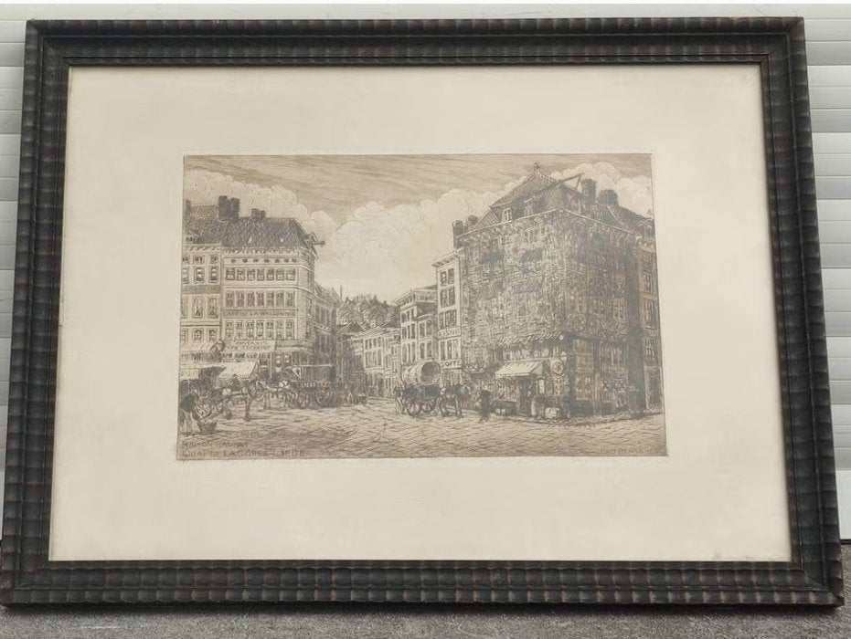 gravure quai de lacoffe liege signe eugene rensburg, Antiquités & Art, Enlèvement ou Envoi, Gravure