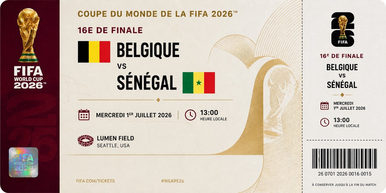 1 ticket België-Senegal Fifa 2026 Seattle, Tickets en Kaartjes
