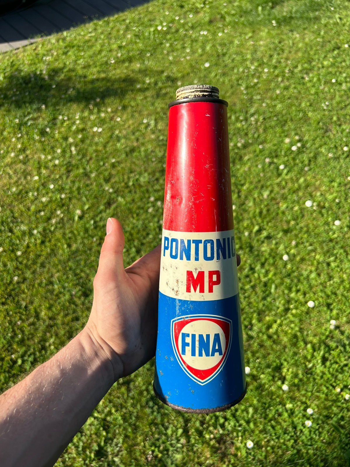 Bidon d’huile olieblik olie blik Fina conique conical oil, Ophalen of Verzenden, Zo goed als nieuw