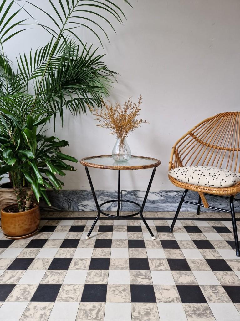Vintage rotan bijzettafel | side table | tafeltje | retro, Ophalen, Gebruikt, Vintage, Glas