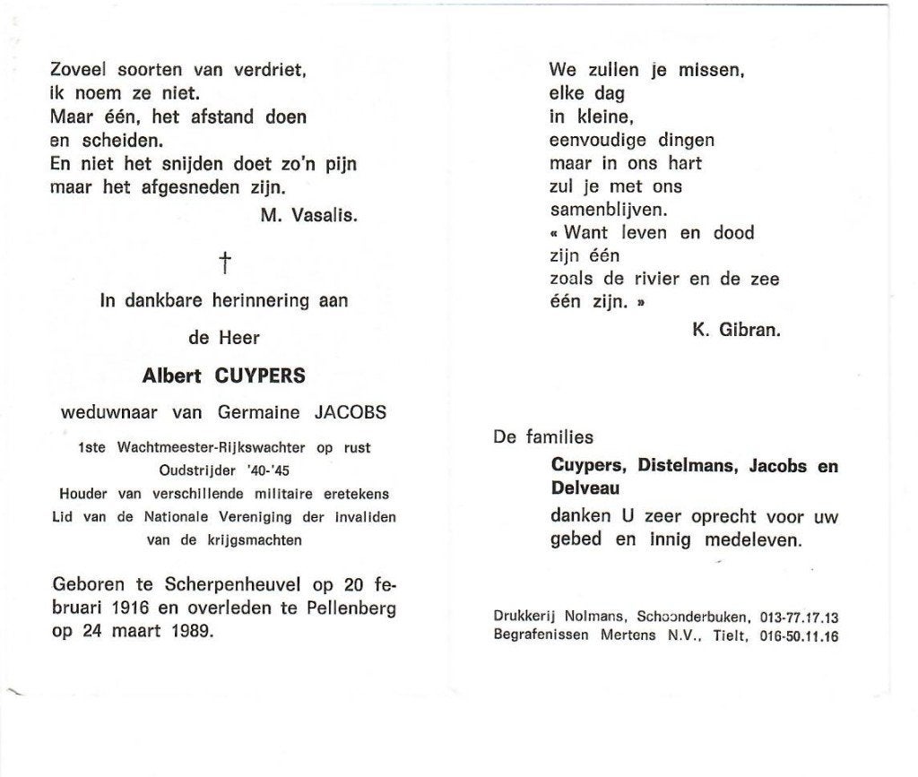 RP Albert Cuypers 1916-1989 1ste Wachtmeester-Rijkswacht, Ophalen of Verzenden
