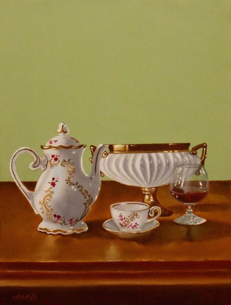 « Une cafetière, une tasse et un verre de brandy », Antiquités & Art, Art | Peinture | Moderne, Textile, Peinture à l'huile, Nature morte