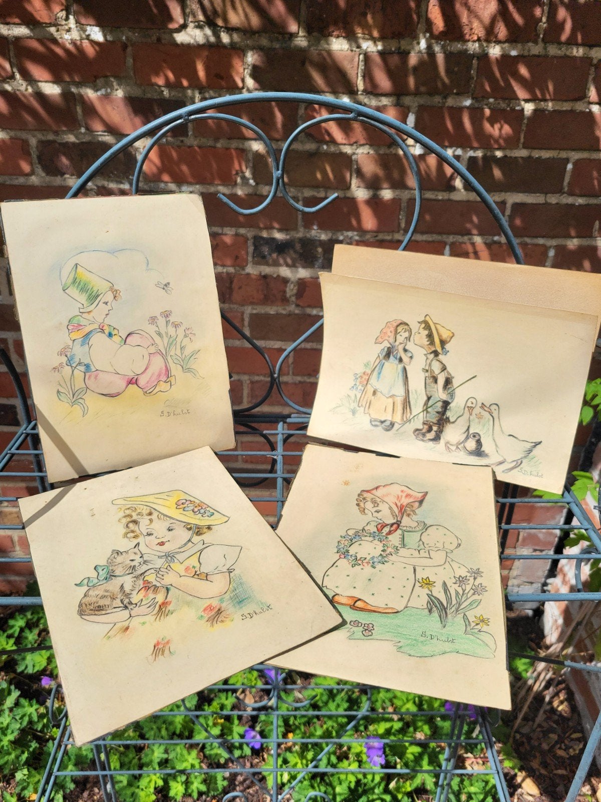 Set van 4 prachtige vintage kindertekeningen – Gesigneerd, Ophalen of Verzenden