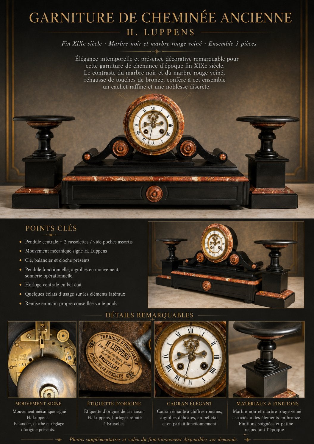 Garniture de cheminée ancienne H.Luppens Bruxelles en marbre, Antiquités & Art, Antiquités | Horloges, Enlèvement ou Envoi