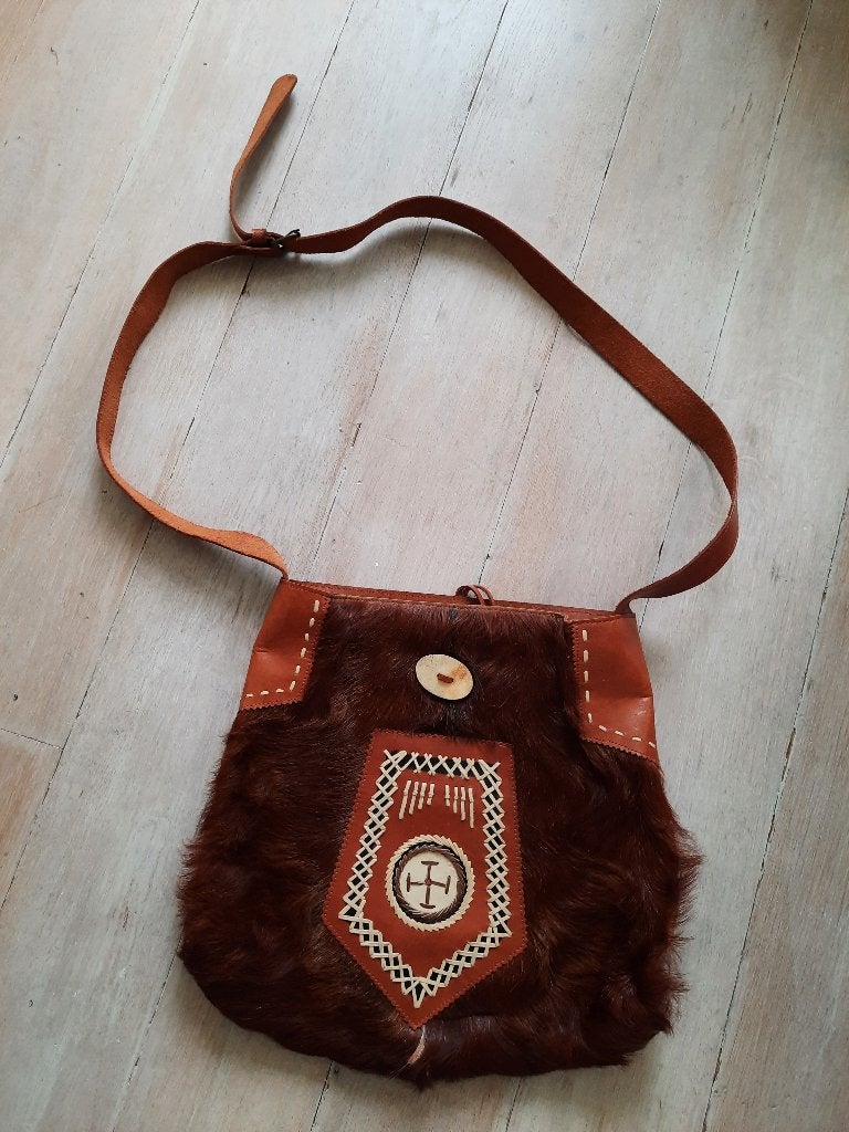 handtas buffalo leder met steenbokpels / bruin, Ophalen of Verzenden, Zo goed als nieuw, Bruin, Handtas