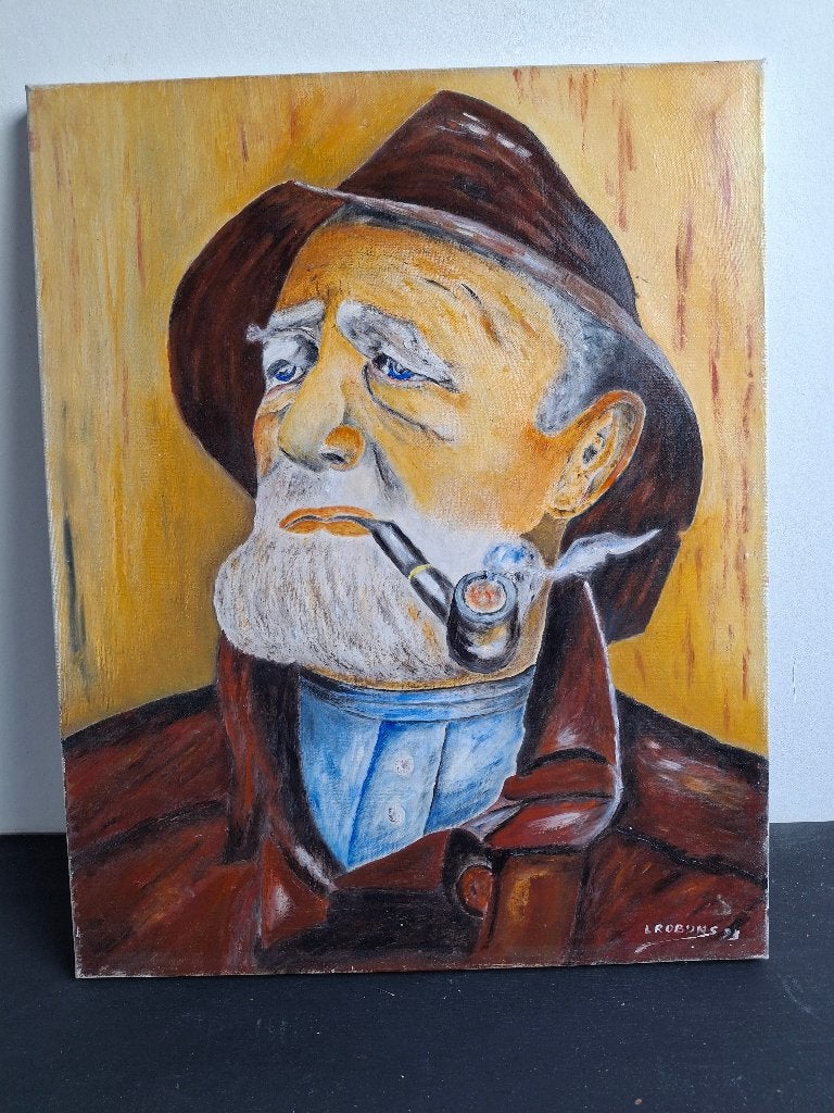 handgeschilderd portret Oude man met pijp (1991), Enlèvement, Vintage, Peint à la main, Peinture à l'huile