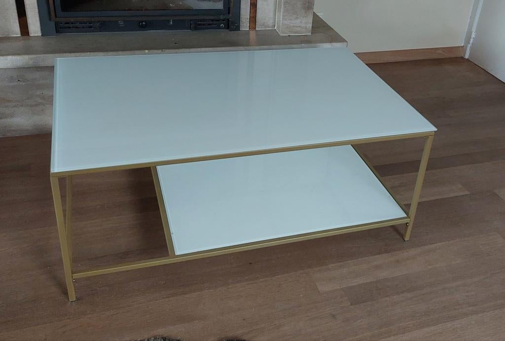 Salontafel wit glas, goudkleurig metaal, Ophalen, Glas