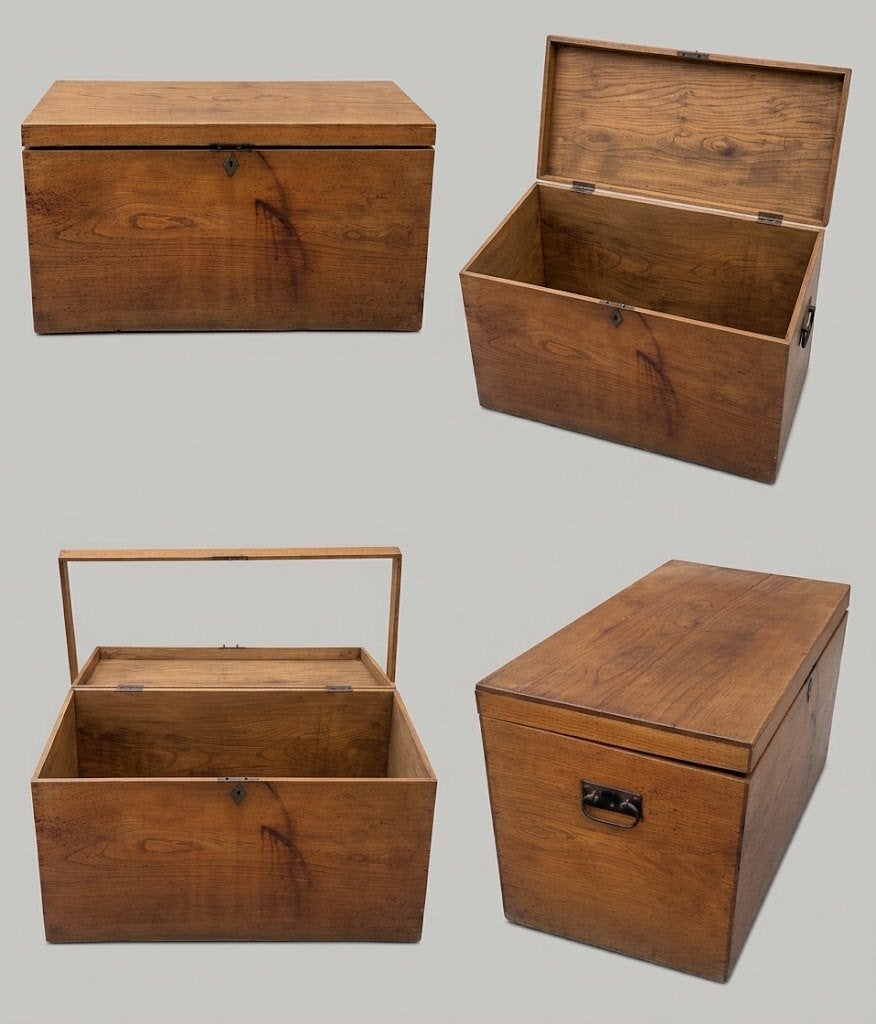 Antieke houten opbergkoffer met twee handgrepen, Ophalen, Minder dan 50 cm, Gebruikt, 50 tot 100 cm