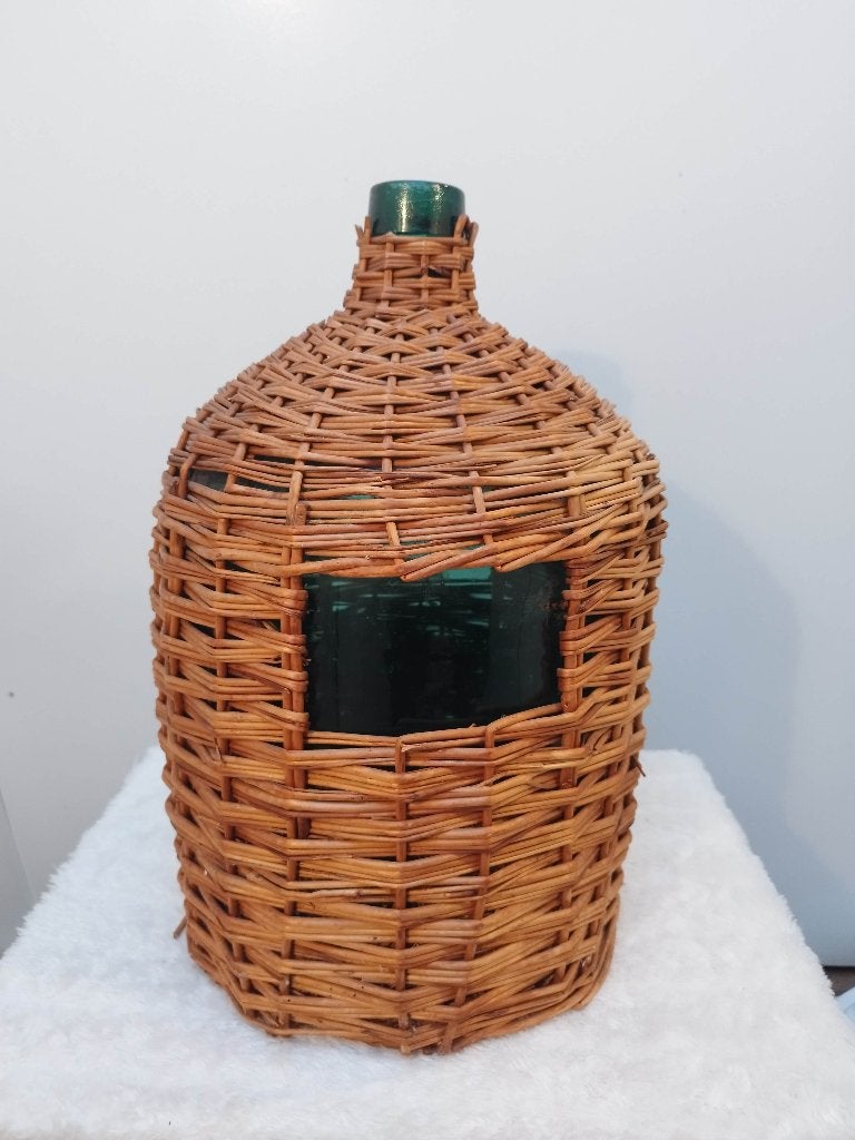 Grande Dame-Jeanne vintage in groen glas, geweven rieten, Ophalen