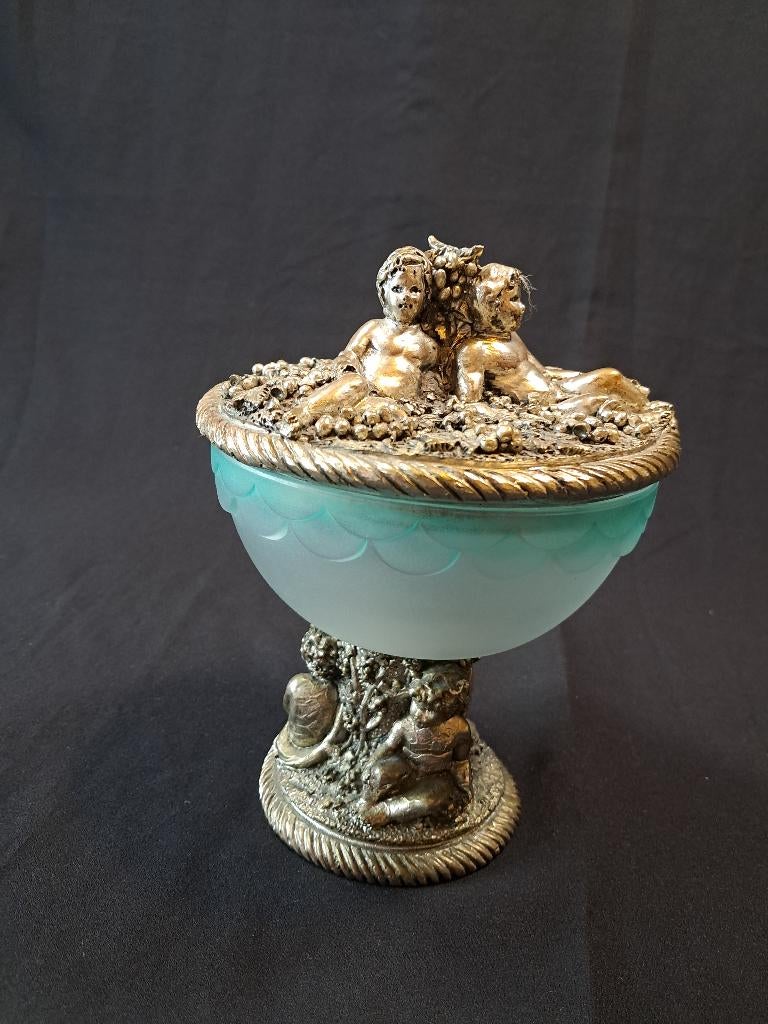Bonbonnière MAESTRI DI MURANO verre bleu et angelots Arg925, Antiquités & Art, Curiosités & Brocante, Enlèvement