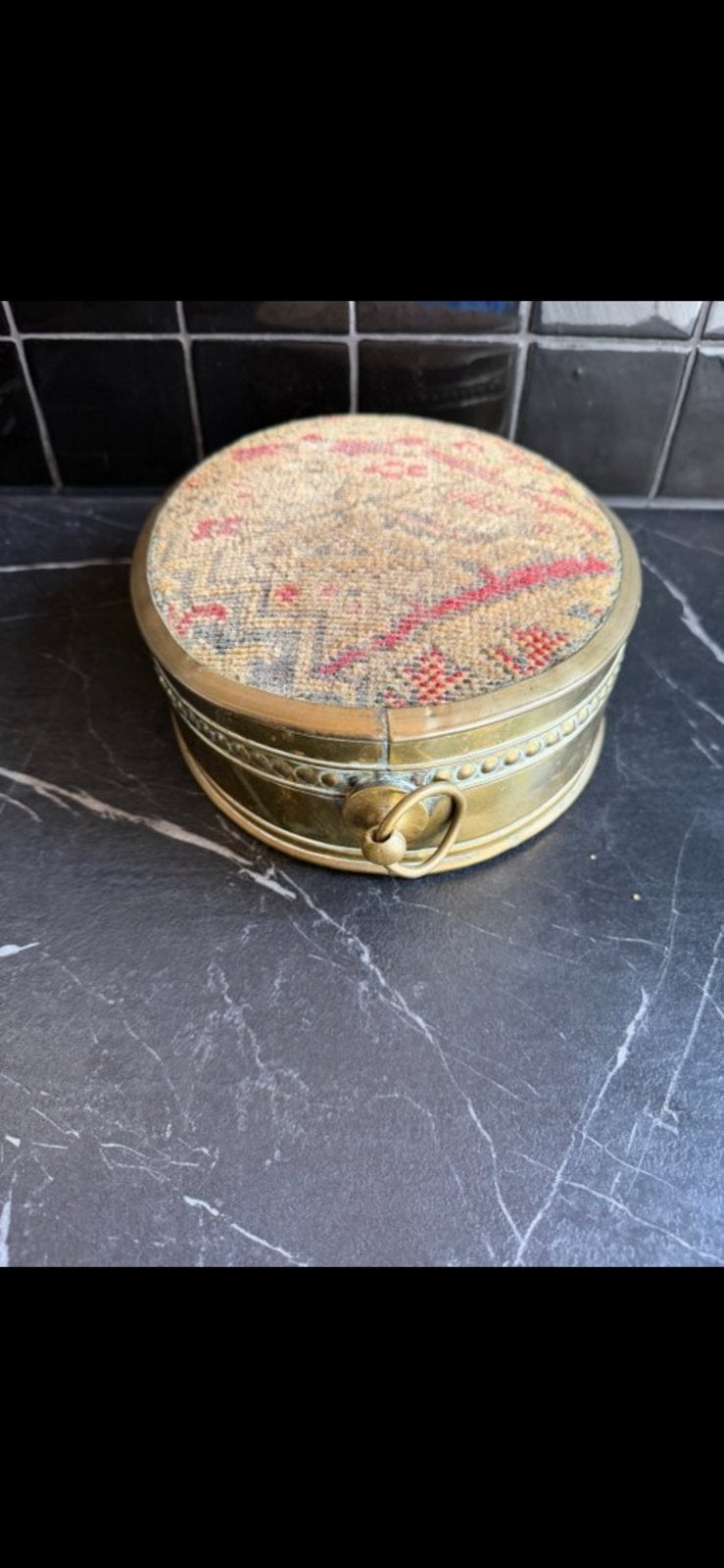 Vintage messing stoof – tapisserie deksel – decoratie, Ophalen of Verzenden