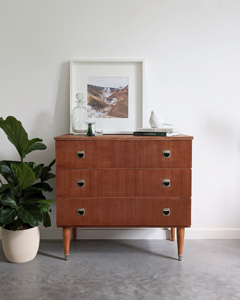 Vintage ladekast hout mid-century, Huis en Inrichting, Kasten | Ladekasten, Ophalen, Mid-Century Modern scandinavisch, 50 tot 100 cm