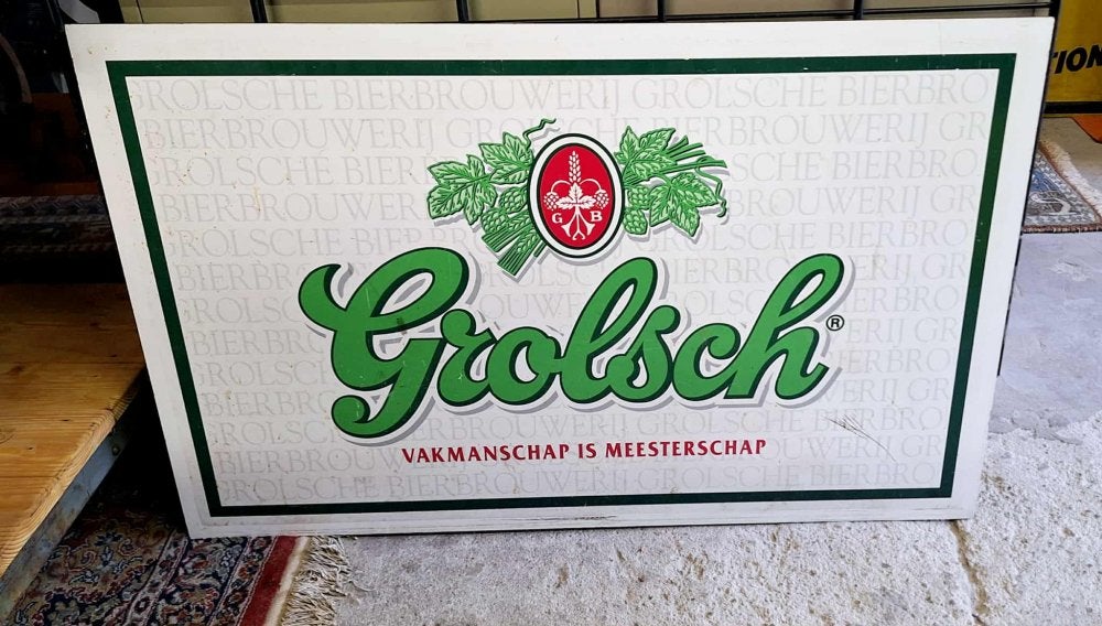 Grolsch Reclamebord - Vakmanschap is Meesterschap🍺, Enlèvement ou Envoi, Utilisé, Panneau publicitaire