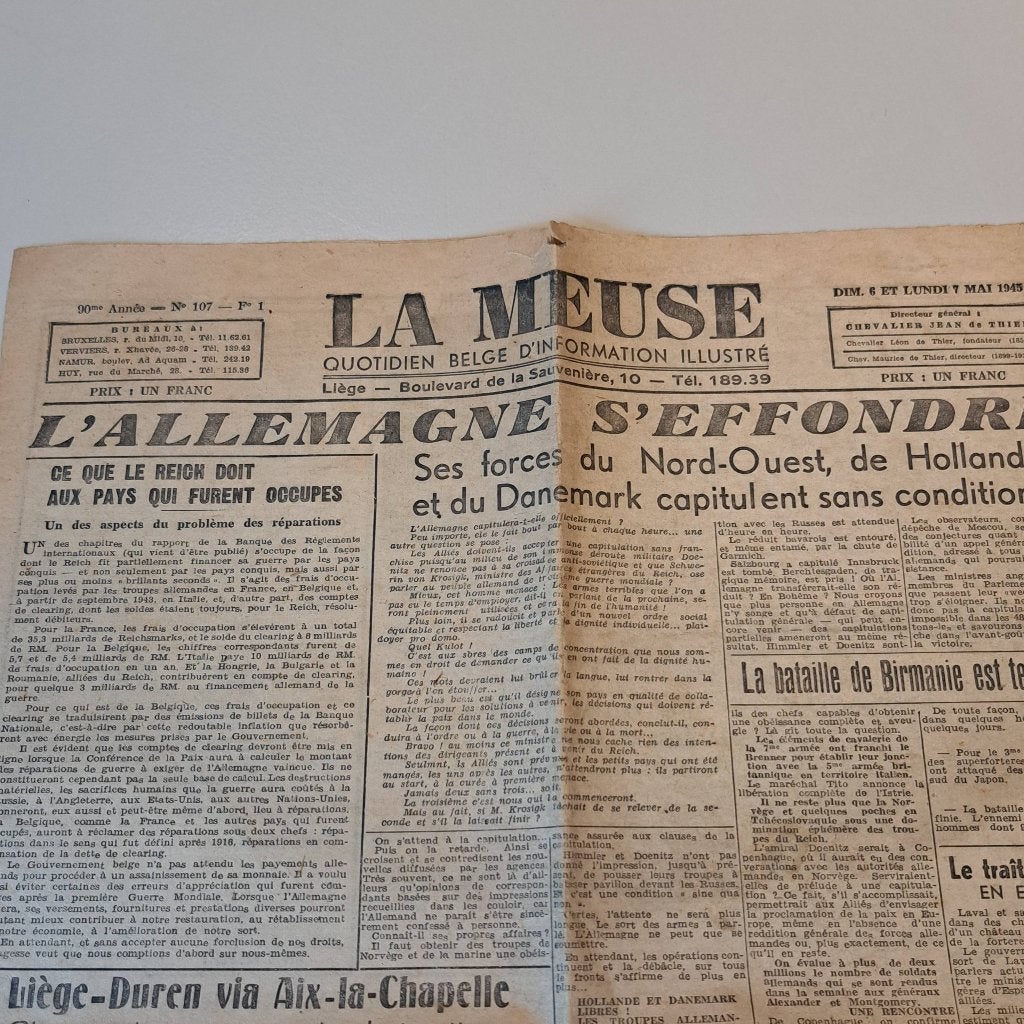 Dagboek „LA MEUSE” uit Dim.6 en maandag 7 mei 1945, Ophalen of Verzenden, 1940 tot 1960, Krant
