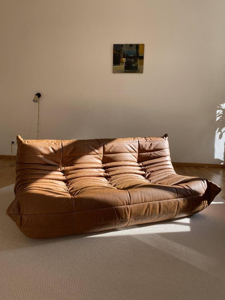 Ligne Roset - Togo - 3-zitter Bank/Sofa - Cognac Bruin Leer, 150 tot 200 cm, Driepersoons, Leer, Zo goed als nieuw