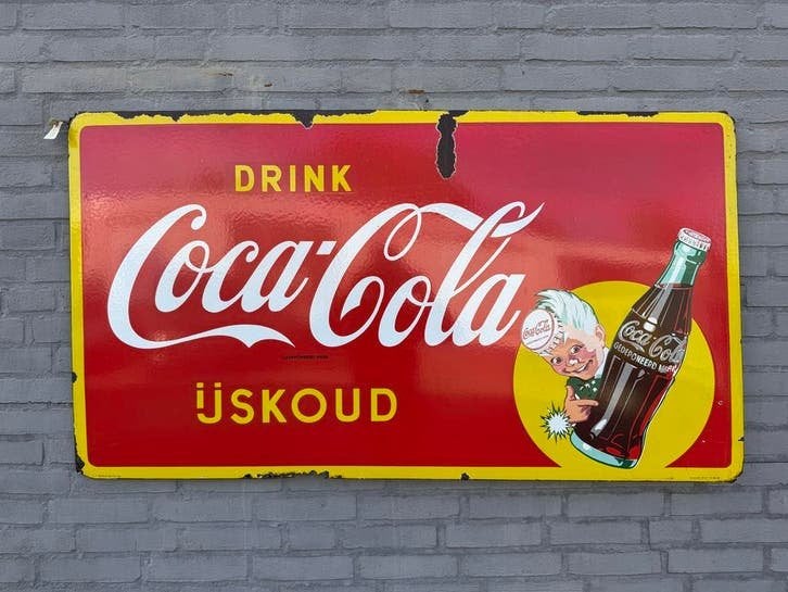Vintage Coca-Cola Emaille Reclamebord - Drink IJskoud, Antiek en Kunst