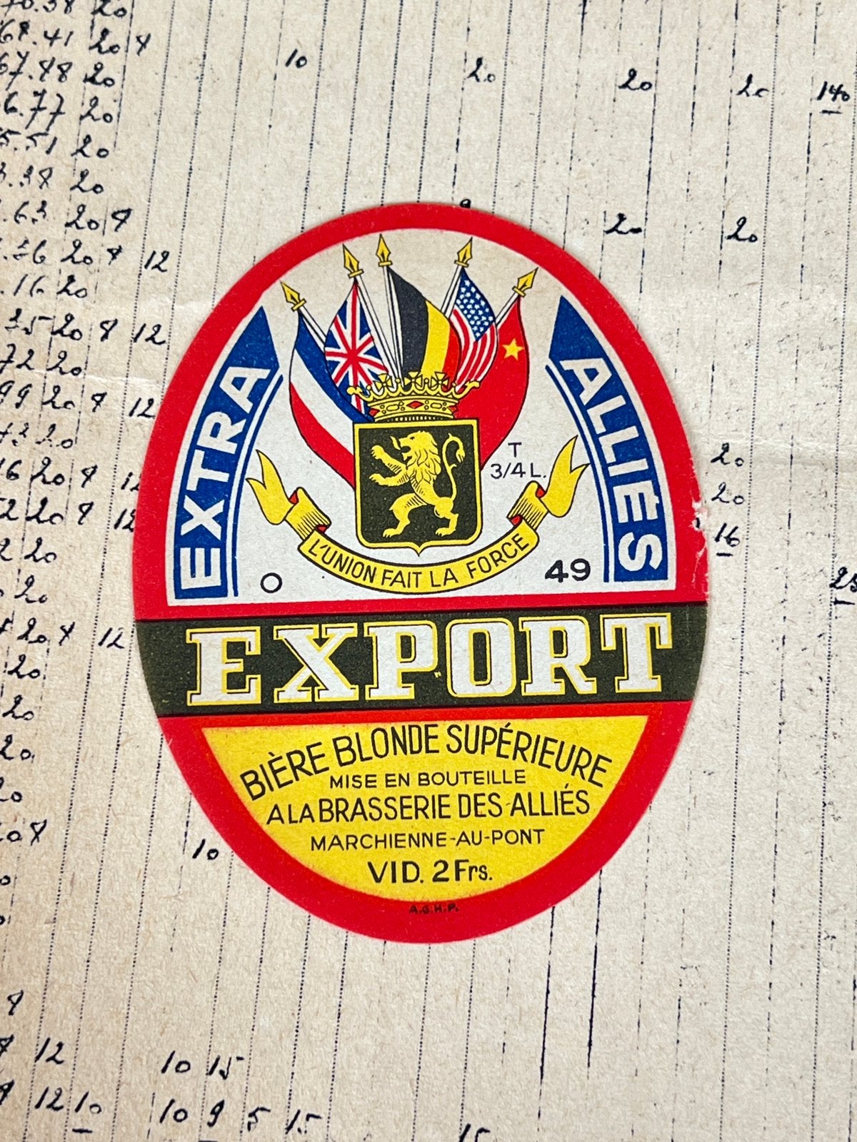Étiquette Extra export brasserie des Alliés Marchienne, Collections, Enlèvement ou Envoi, Utilisé