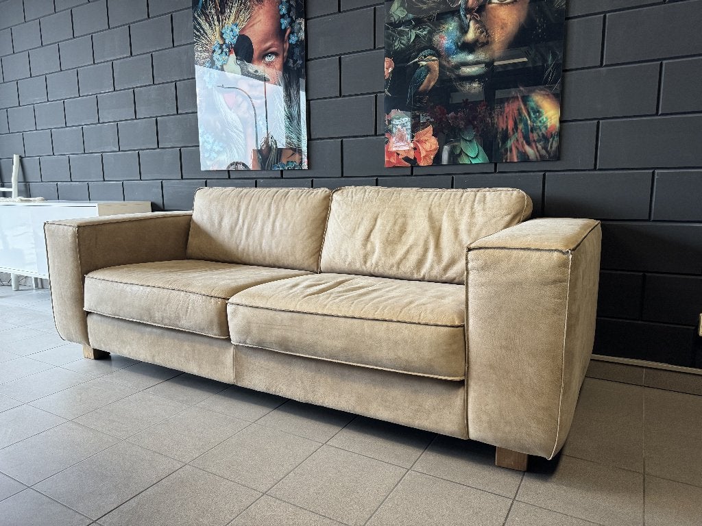Beige lederen zetel / bankstel 3-zits aniline leer, Huis en Inrichting, Ophalen, Gebruikt, Driepersoons, Rechte bank