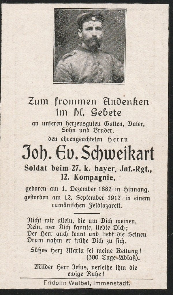 Duitse gesneuvelde 1914/18 Joh. Ev. Schwaikart, Collections, Images pieuses & Faire-part, Envoi