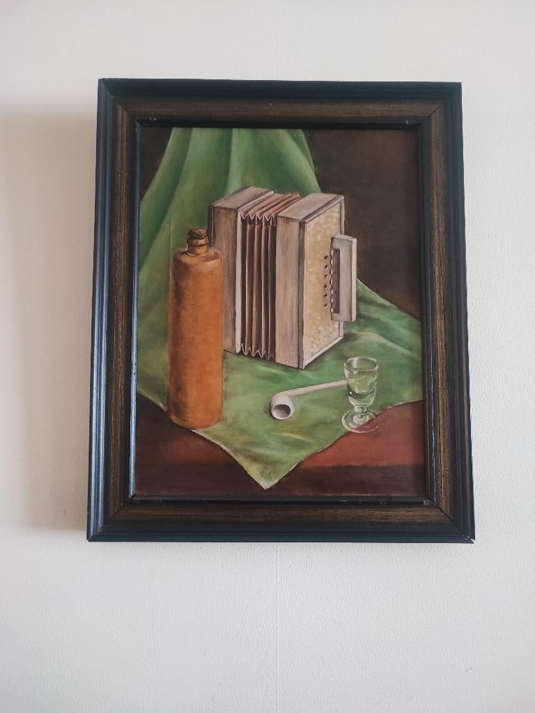 schilderij met jeneverkruik en accordeon, Antiek en Kunst, Kunst | Schilderijen | Klassiek, Ophalen