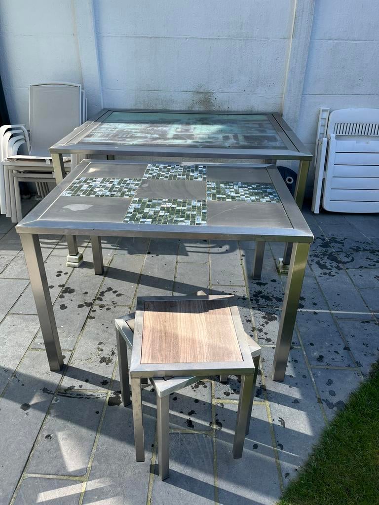 Aluminium tafels en bijhorend 2 stoeltjes, Ophalen, Gebruikt, Eettafel, Aluminium