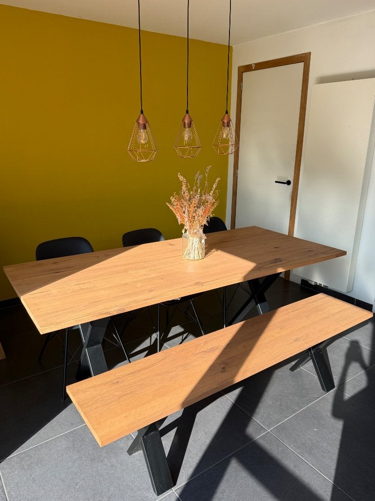 Eettafel “rustic oak” + bank + 3 stoelen, Maison & Meubles, Tables | Tables à manger, Comme neuf, Enlèvement, 50 à 100 cm, Chêne