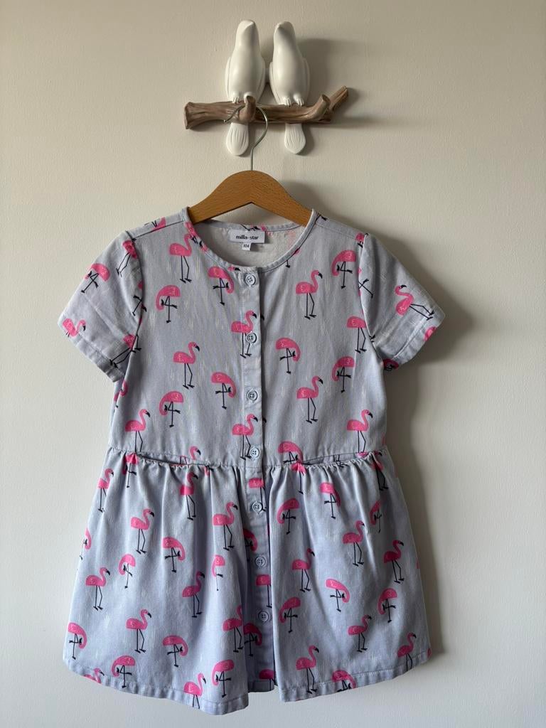 Blauw Mila star jurk maat 104 met flamingo, Kinderen en Baby's, Kinderkleding | Maat 104, Verzenden, Zo goed als nieuw, Meisje