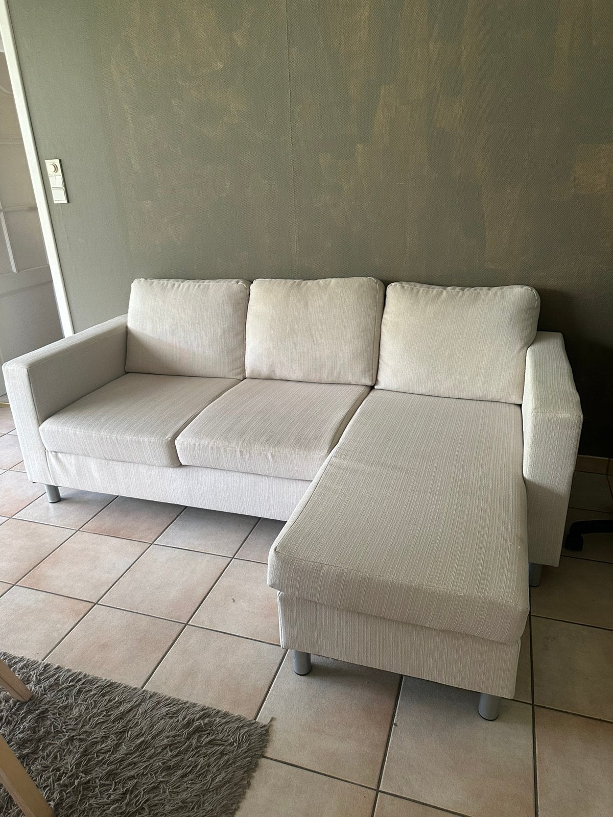l: Hoekzetel 3-zit + Chaise Longue 2m x 1m40 - Beige Stof, Ophalen, Zo goed als nieuw, Stof