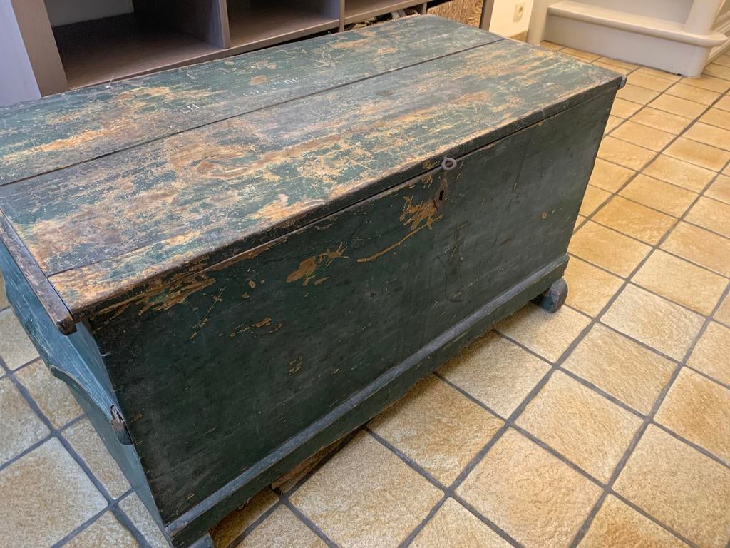 Oude houten dekenkist / opbergkist – vintage groene patina, Huis en Inrichting, Ophalen, Gebruikt