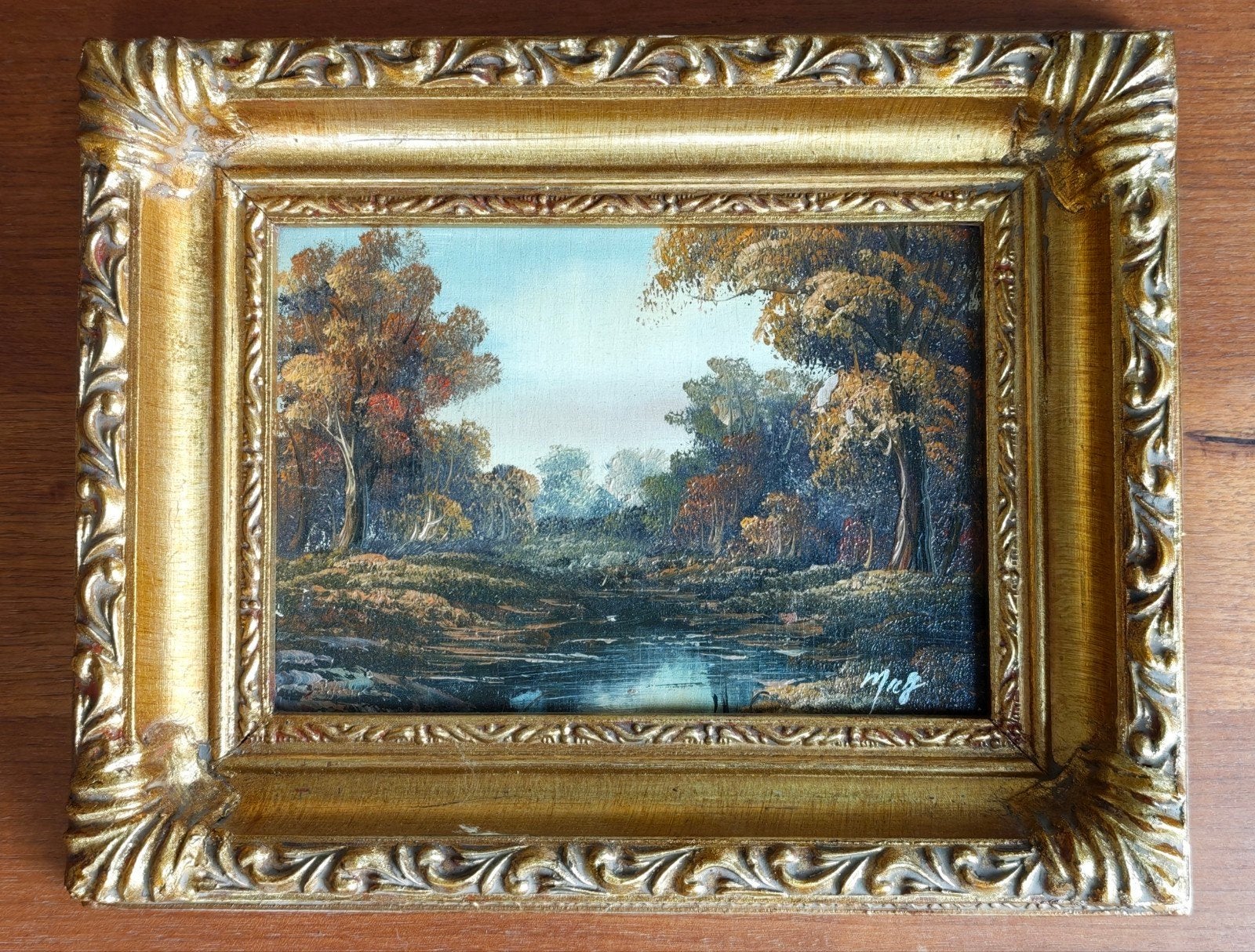 Klassiek miniatuur landschap in fraaie gouden baroklijst, Antiek en Kunst, Ophalen, Klassiek, Landschap, Paneel